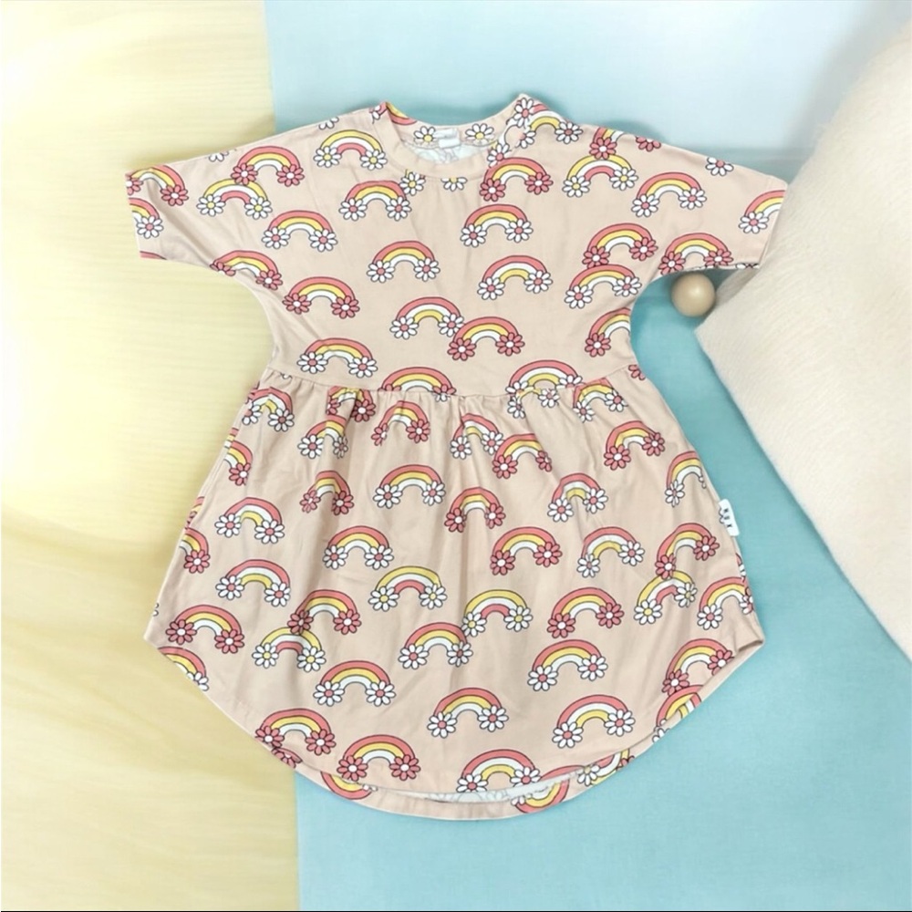 HUX BABY Daisy Rainbow Swirl Dress Shirt Sleeve Organic Cotton Pink Girls Size 4